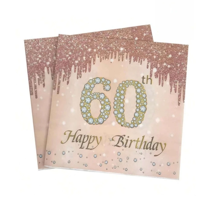 Description Picture 2 of item20pcs pieces/pack, 40, 50, 60, 70 year old rose gold diamond printed Happy Birthday napkins, birthday party table decorations