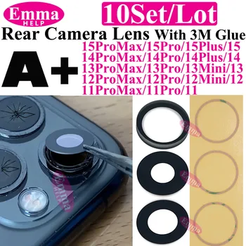 Emmahelp 10 pièces A + verre de caméra arrière pour iPhone 11 12 13 14 15 Pro Max 13Mini XR XS 14Plus objectif de couverture de caméra arrière avec autocollant 3M