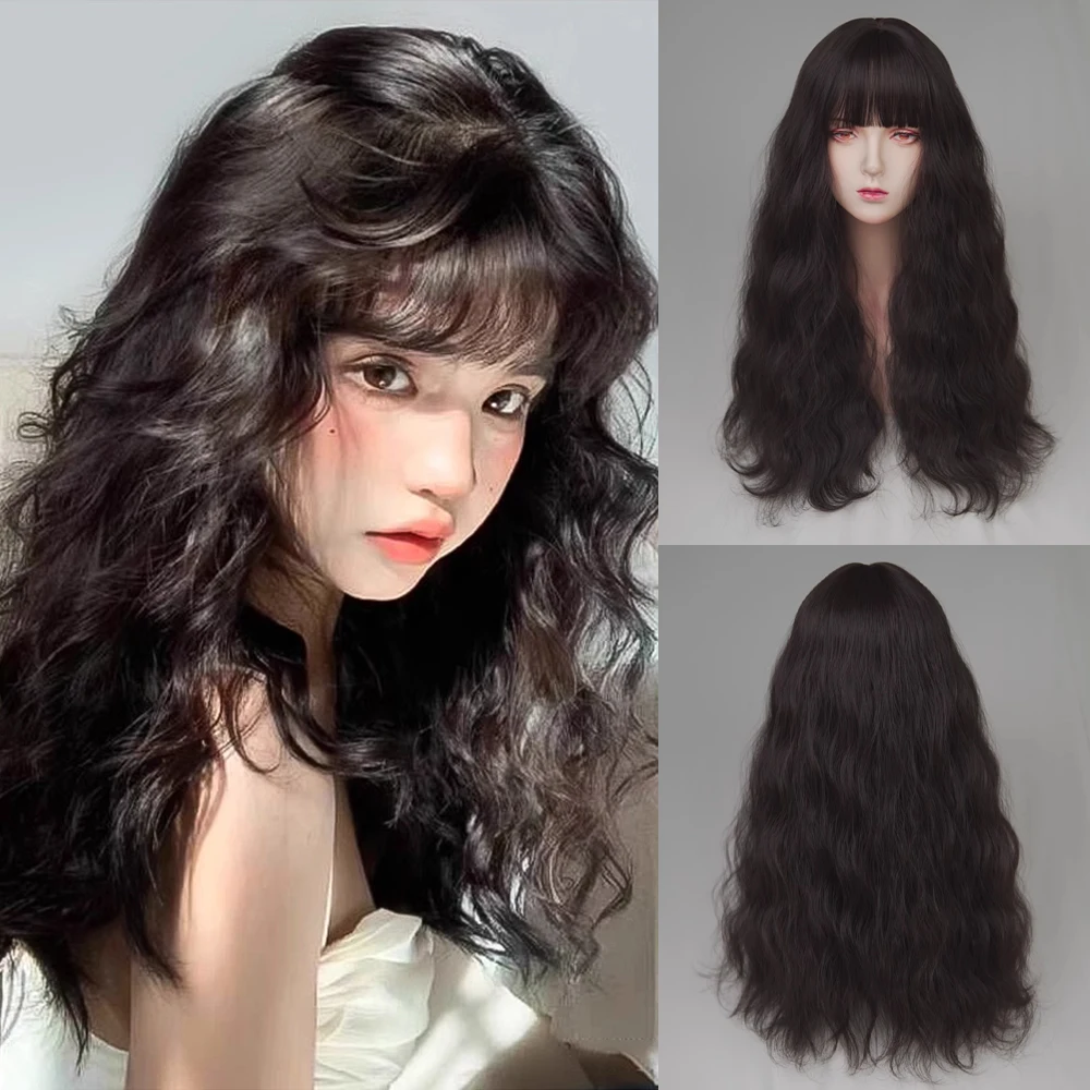 

Long Synthetic Black Brown Wavy Curly Wig with Bangs Natural Women Lolita Cosplay Hair Heat Resistant Wig for Daily Party