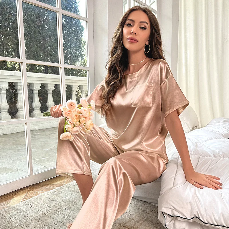 Two Pieces Pajamas Sleep Set Women Satin Top Trousers pj's Suit Intimate Lingerie Summer O-Neck Sleepwear Nightgown Loungewear