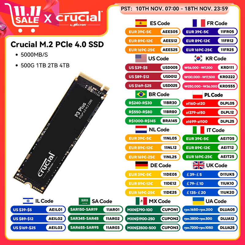 Crucial 5000MB/s SSD NVMe M.2 2280 4TB 2TB 1TB Internal Solid State Hard Disk M2 PCIe 4.0x4 2280 SSD Drive for PS5 Laptop PC