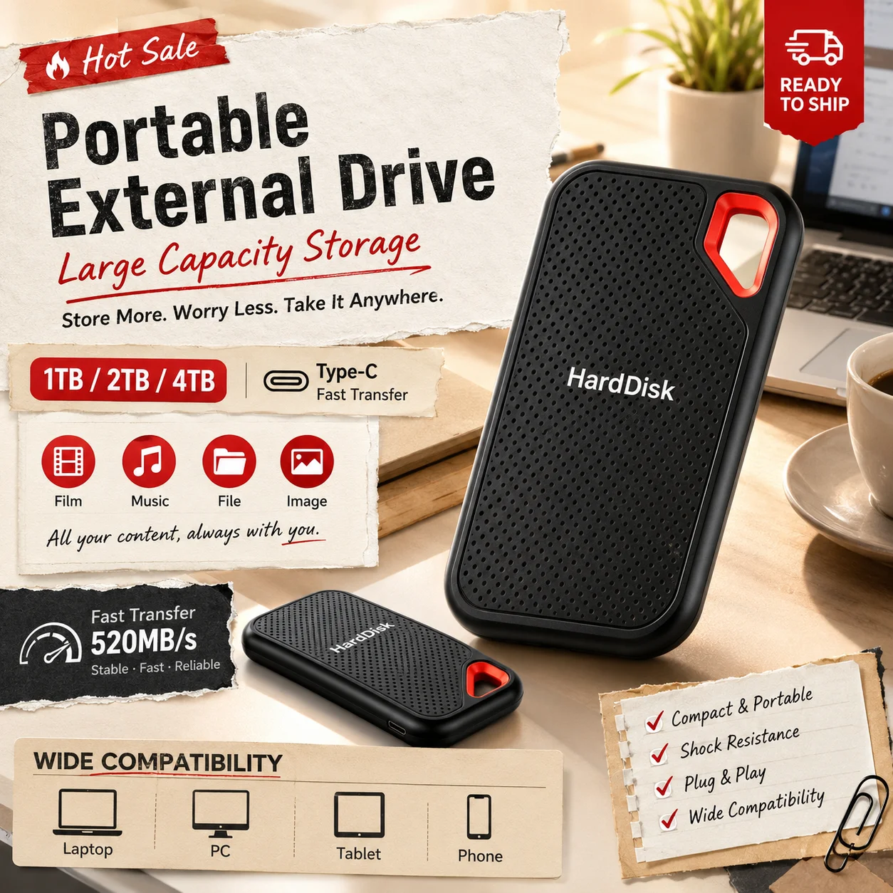 Dust Proof Portable External Hard Drive Simple Operation SSD 1TB 2TBMobile Storage Hard Disk for Daily Data Store Laptop PC - 2