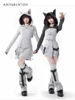 Original Street Hot Girl Sweet Removable Sleeve Hooded Jacket Sleeveless A-line Dress Subculture Two-Piece Sets Womens Outfits 1