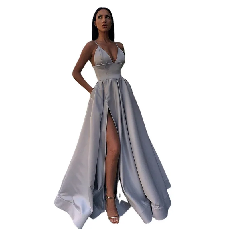 Cross Border New European And American Women's Sexy Fit Slim Deep V Split Banquet Evening Dress Elegant stylish