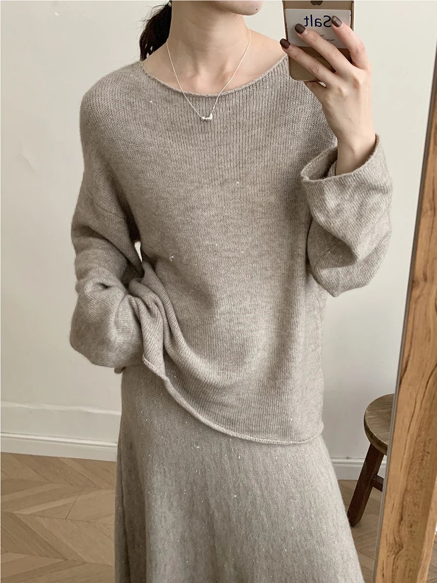 Sexy Soft Elegant Vintage Women Suits 2 Pieces Female Sets Slash Neck Sweater & Midi Dress Bling Knitted TrackSuit