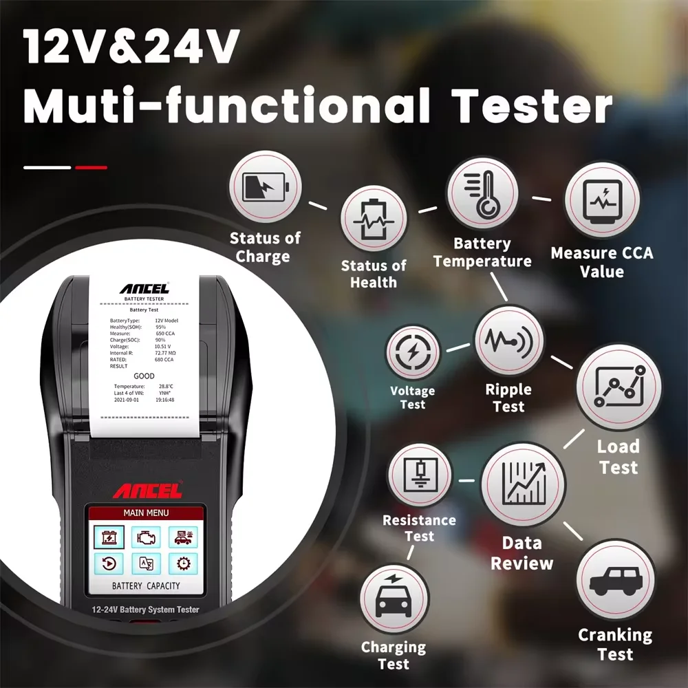 Car Battery Tester 12V/24V 100-2000CCA Battery Temperature Load Tester Cranking Charging System Test 