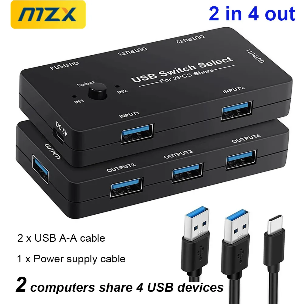 MZX KVM USB Switcher KM Switch Selector 2.0 Hub 2 Hosts Computer Laptop PC Desktop Accessories Share Printer Keyboard Mice Hubs 6