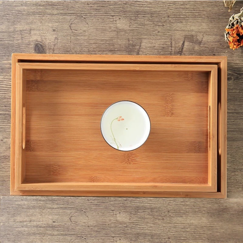 Bamboo Wooden Rectangular Tea Tray Solid Wood Serving Tray Home Tea Water Cup With Handle Elegant Dinner Fruit Food Plate