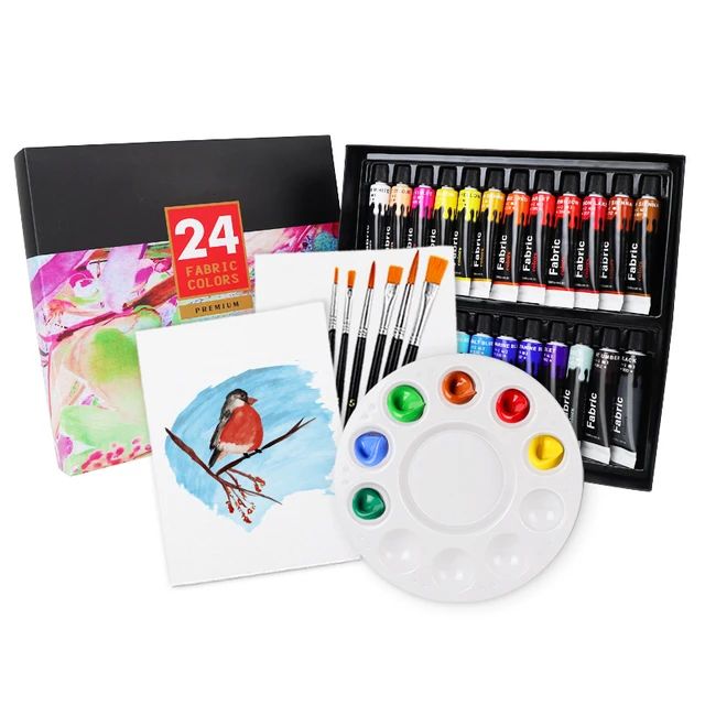 12 24 Colors Fabric Paint Set for Clothes with 6 Brushes, 1