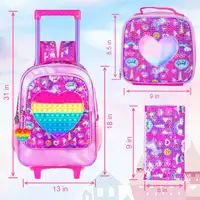 Rolling Backpack for Girls and Boys,Kids Unicorn Dinosaur Bookbag with Roller Wheels, Suitcase School Bag Set 3