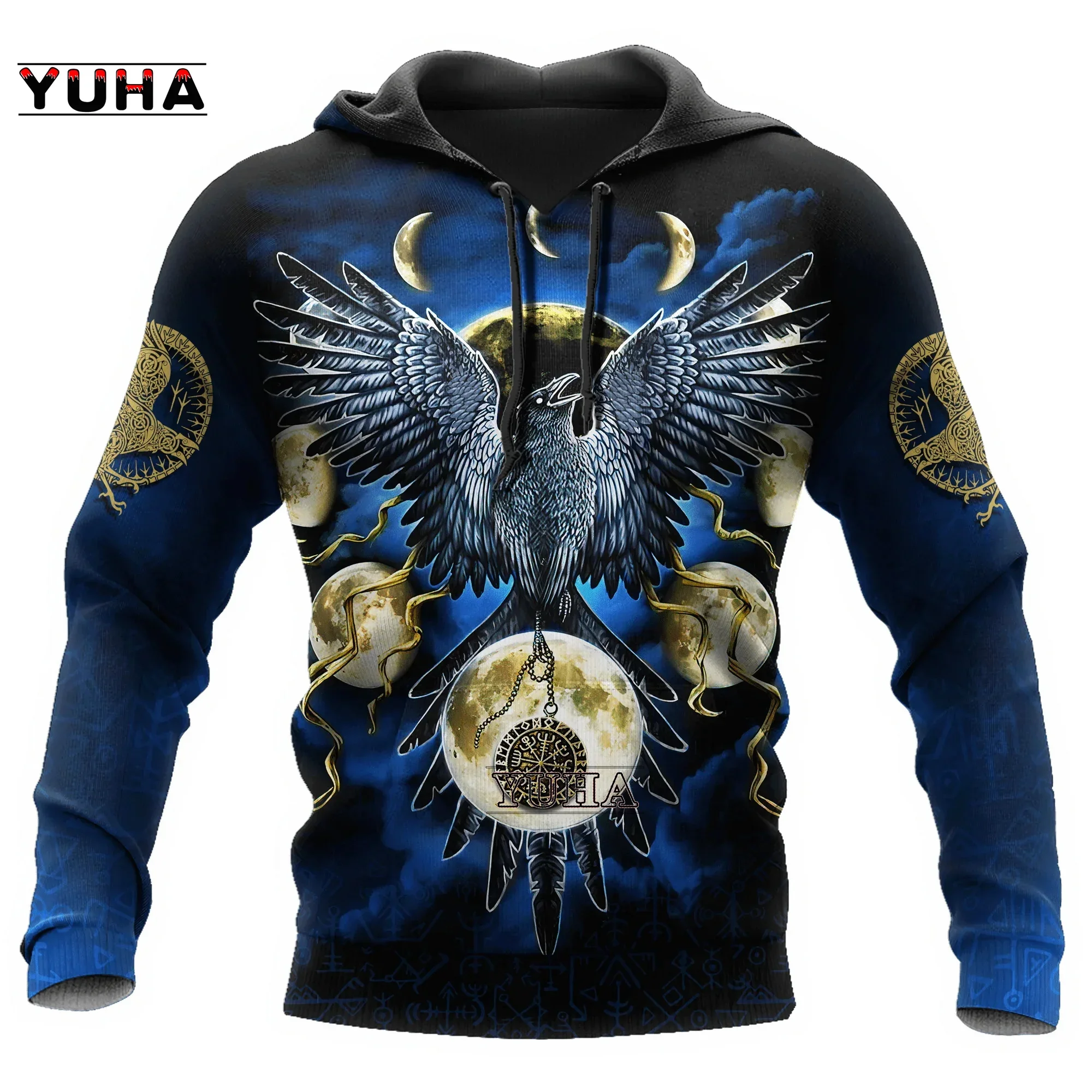 thumbnail image 1 of Sudadera con capucha y sudadera unisex con estampado 3D completo de águila/cuervo y tatuaje Vegvisir en rojo, con cremallera y chándales casuales, 1 of 5