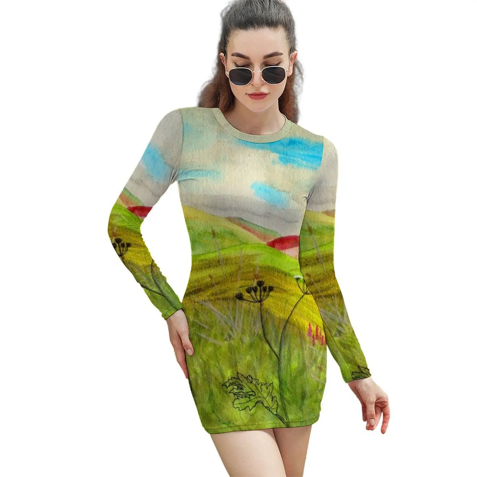 

Beautiful Hills and Sky; Landscape Dress, From Acrylic Painting Long-Sleeved Sheath Dress dresses for women 2024