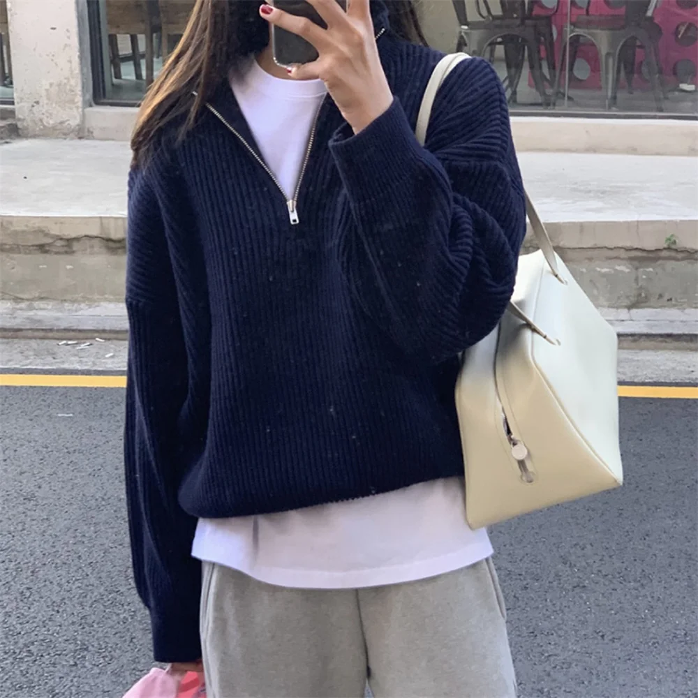 

Thick Sweater Women Autumn Winter Vintage Turn-Down Collar Zipper Loose Lantern Sleeve Pullover Solid Female Knitwear Top