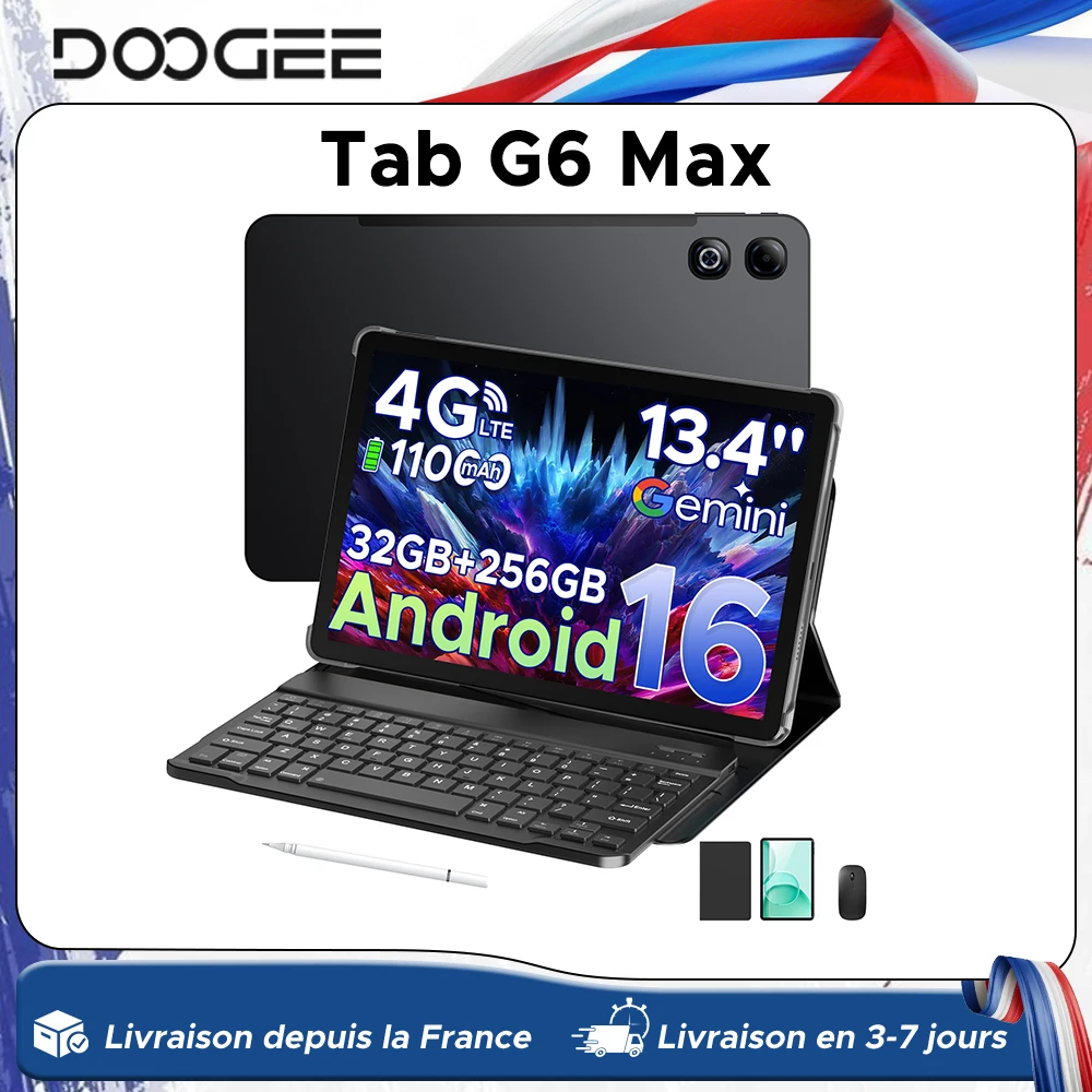 Tablette DOOGEE Tab G6 Max Android 16 32 Go + 256 Go, écran 13,4'' 90 Hz, batterie 11000 mAh, ultra-fine 7,7 mm, UNISOC T7280, Widevine L1 1