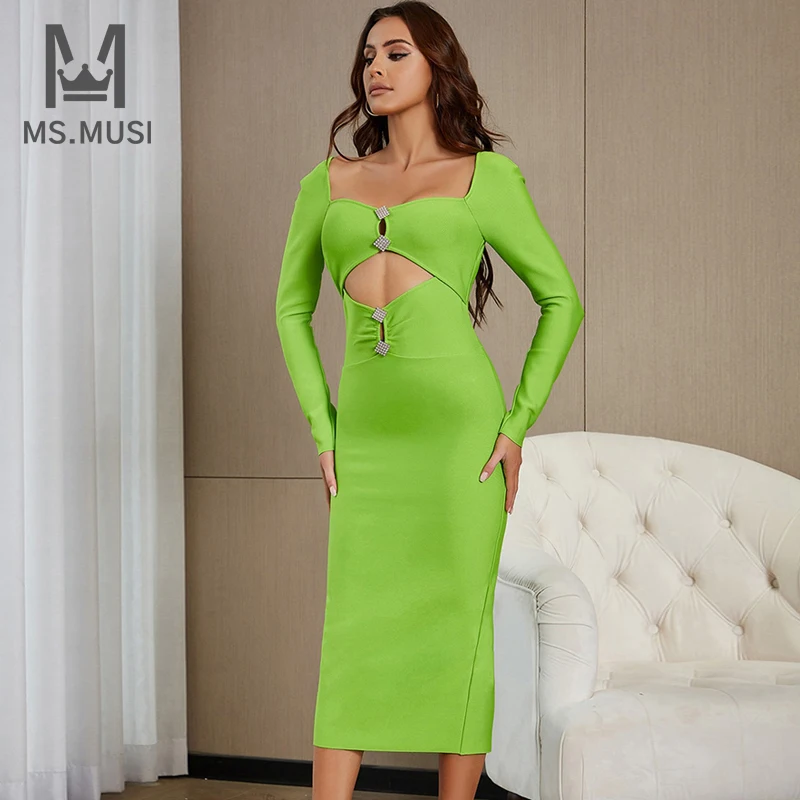 

MSMUSI 2023 New Fashion Women Sexy Square Neck Crystal Button Long Sleeve Hollow Out Bandage Party Club Bodycon Event Midi Dress