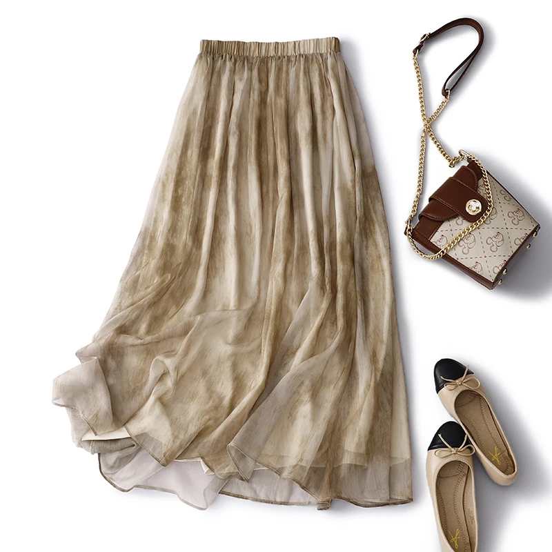 

Limiguyue Tie Dyeing Ink Print Skirt Women Elastic Waist A-Line Casual Double Layers Lining All Match Midi Skirts Soft Chic U586