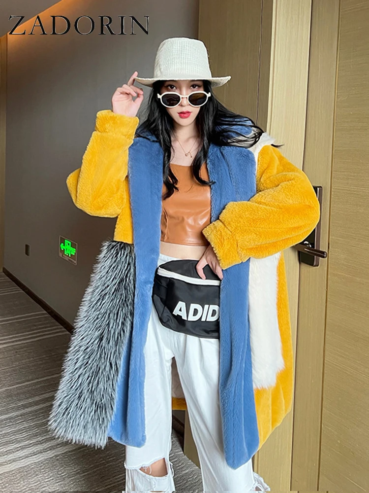 ZADORIN 2025 Winter Faux Fur Jackets for Women Furry Warm Splicing