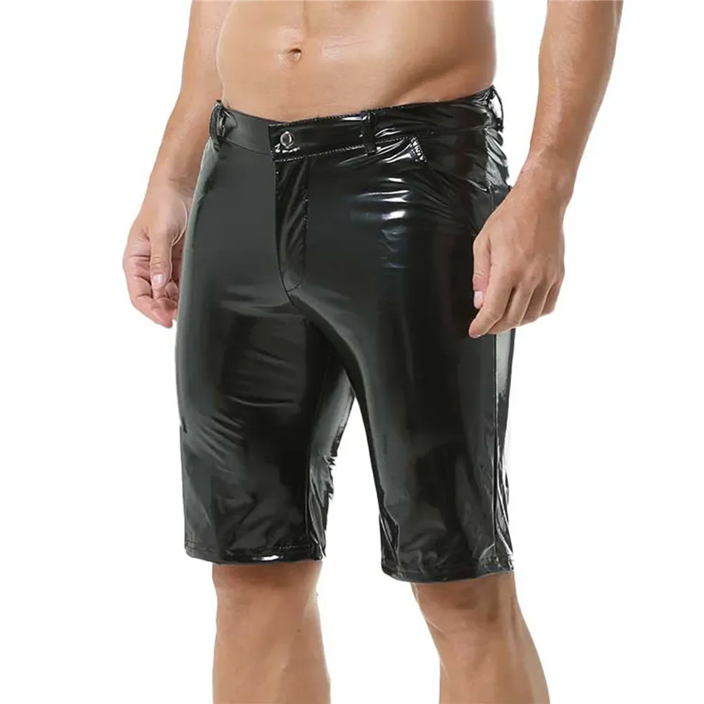 Men's Sexy Wet Look Leather Underwear Boxers Shorts Homme Black Faux Leather Shorts Underpants Boxers Stage Performance Costumes