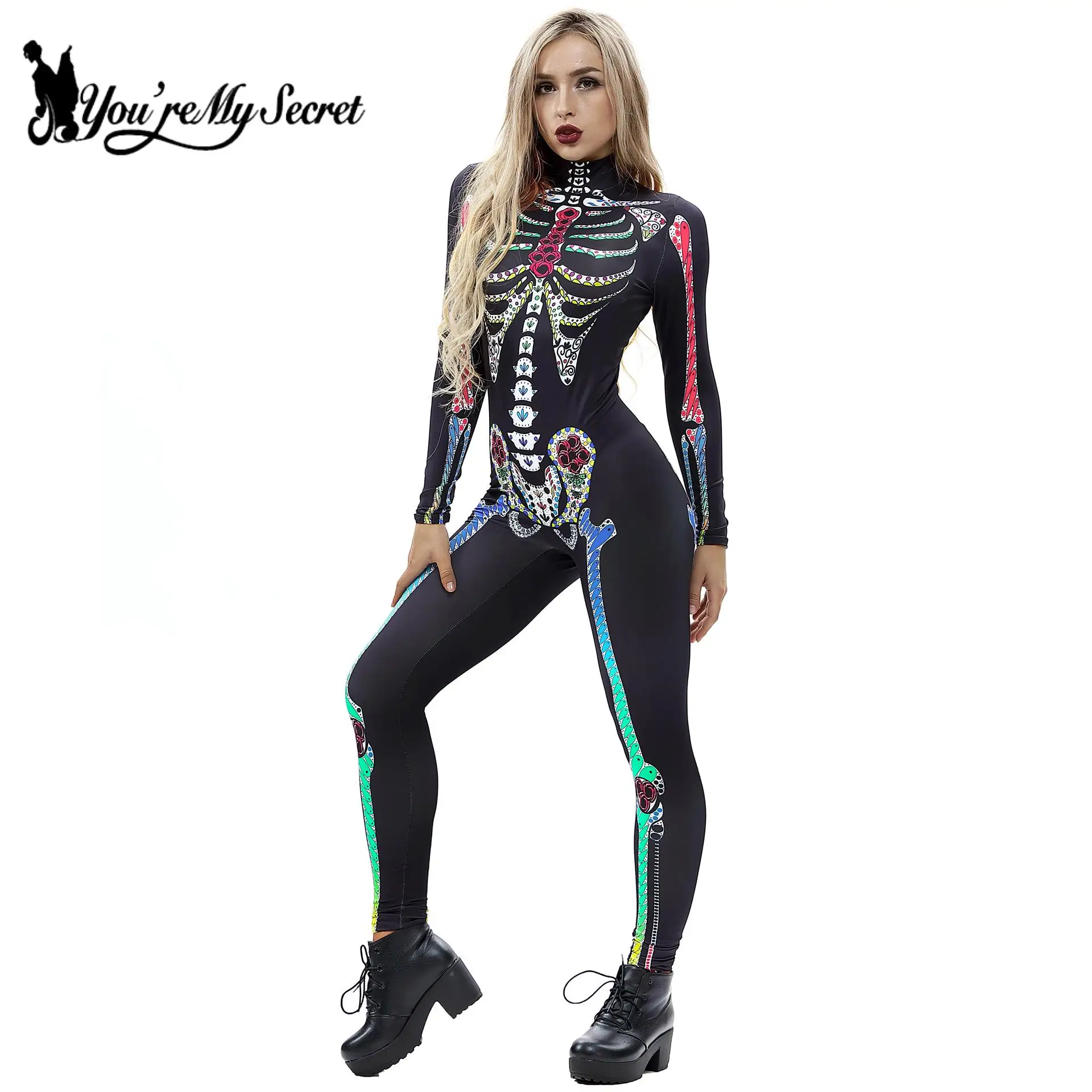 [You're My Secret] Halloween Costume For Women Bodysuits Rose Skull Skeleton Printing Jumpsuit Party Scary Catsuits