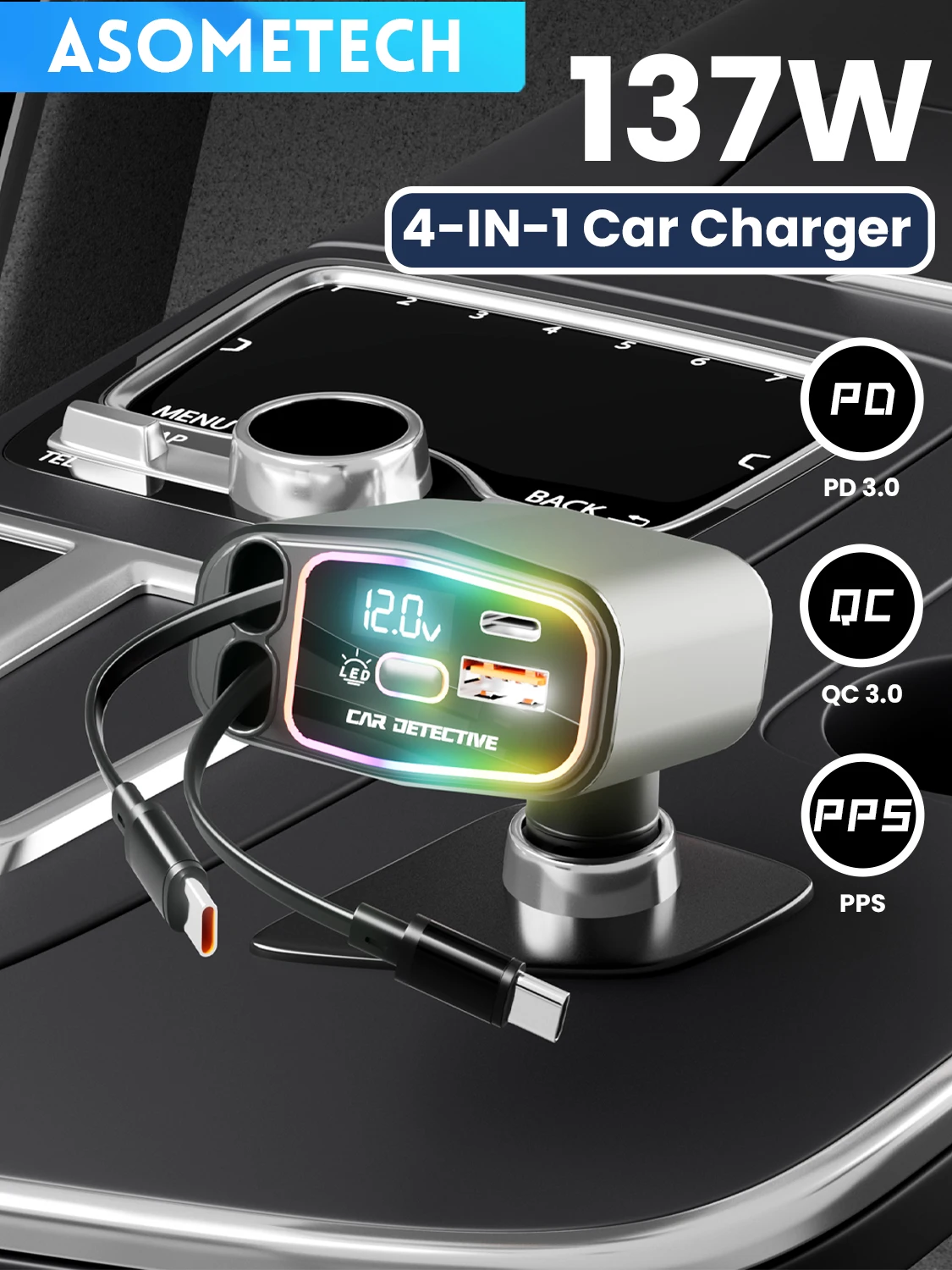 4 in 1 137W Car charger Car phone charger Dual Retractable Charging Cable PD QC SCP PPS USB Type C Fast Charger for IPhone Samsung Huawei Tablet