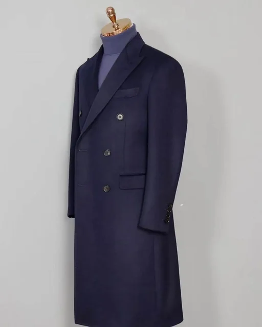 Navy Cashmere Men Suit Blazer Long Overcoats Jacket Coat For Business Man Winter Woolen Thick Tuxedos Custom Made Prom Wear 2