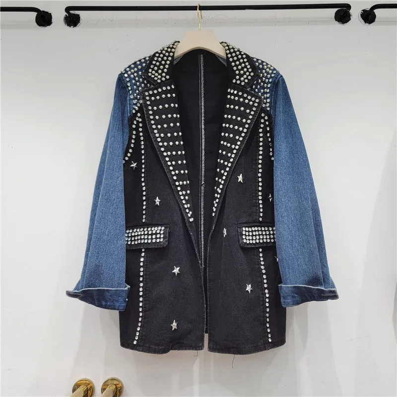 

Heavy Work Bead Rivet Vintage Patchwork Contrast Color Cowboy Cardigan Jacket Women Casual Notched Collar Long Sleeve Denim Coat