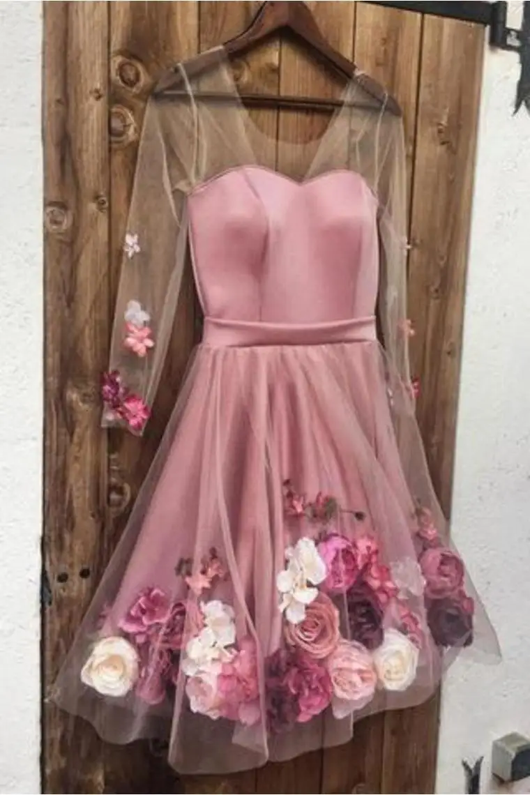 Robe de Cocktail courte à fleurs 3D pour femmes, jolie robe de bal, manches longues