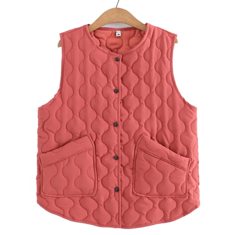 Women's Lightweight Vest, Large Pockets, Warm, O-Neck Parka, Loose, Casual, Quilted Sleeveless Jacket, Plus Size, Autumn, Winter