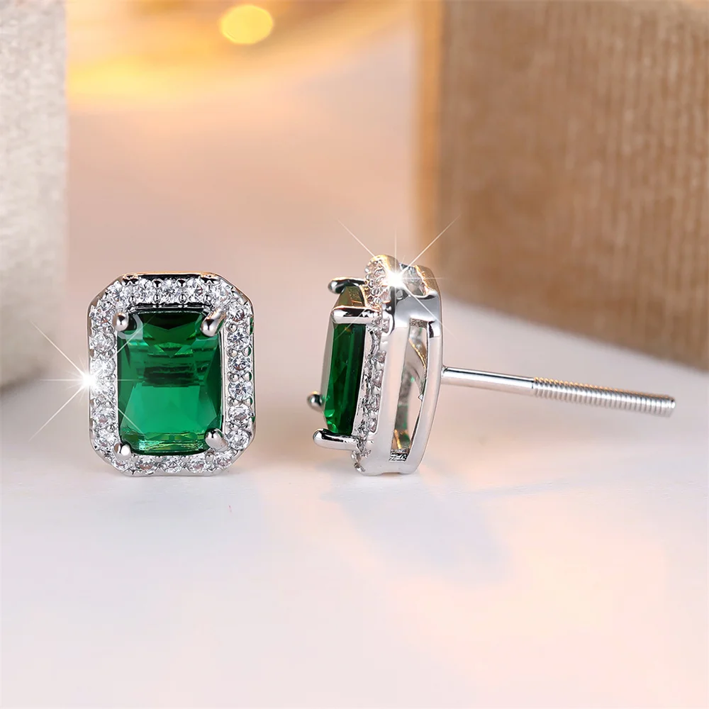 Luxury Crystal Green Zircon Square Stone Small Stud Earrings For Women Vintage Silver Color Versatile Jewelry Wedding Party Gift