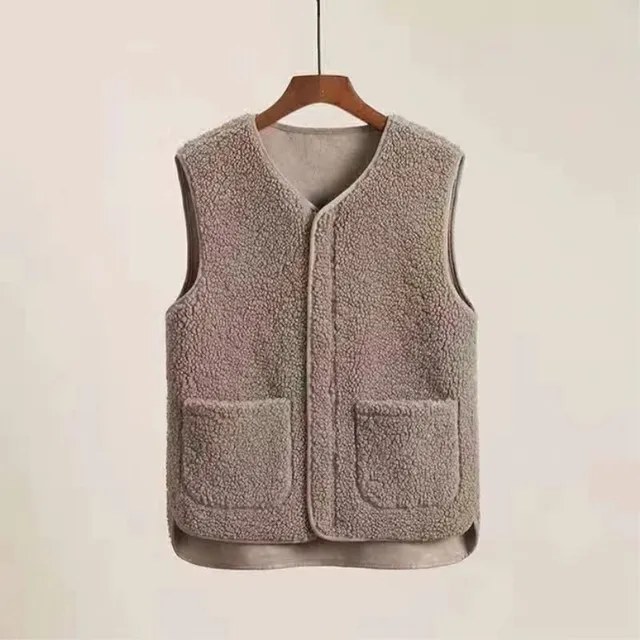 2022 Autumn  Winter Women's Vest Lamb Wool Korean Version Versatile Imitation Fur One Short Girls' Vest Zipper Coat Casual Beige 3