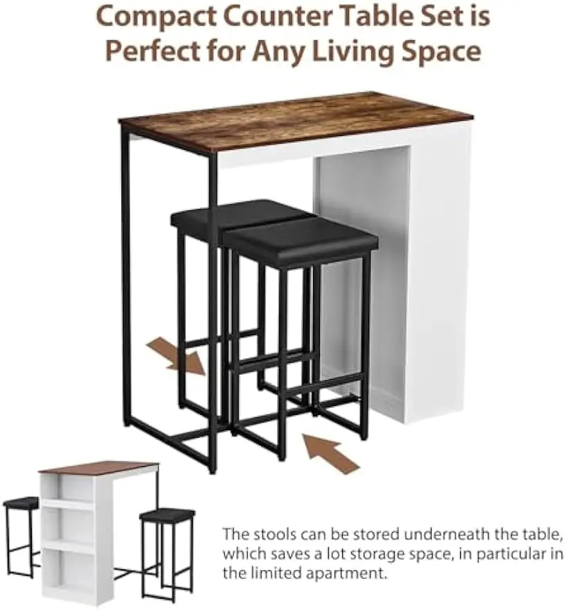 3 Piece Dining Table Set Kitchen Bar Table with Two Stool Storage Shelves Wood Counter Height Table Top with Sew Kerf Finish