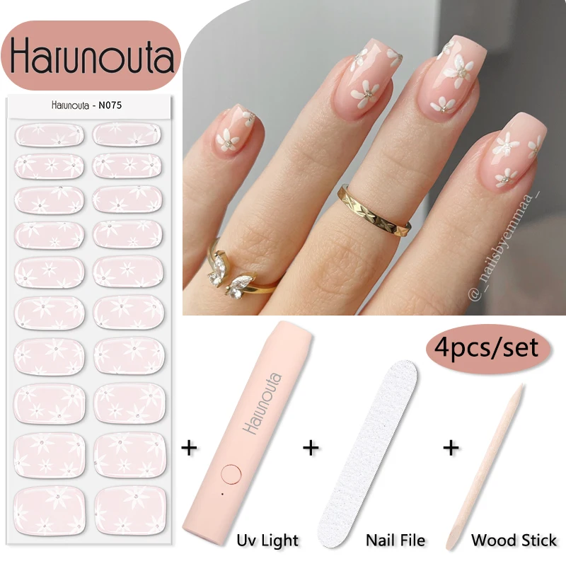 Harunouta 1 Set Flower Semi-Cured Gel Nail Strips Nail Lamp Floral Gel Polish Stickers Manicure Adhesive Sliders