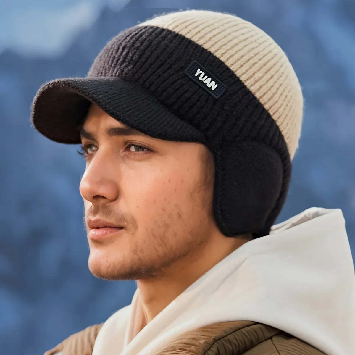 Zweifarbige gestrickte Baseballkappe – Outdoor-Aktivitäten | Modische Papa-Mütze mit Gehörschutz | Perfekt für Paare. Hüte für Männer – Detail 7