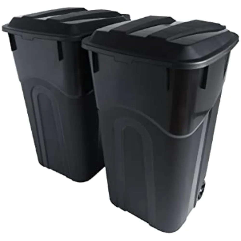 

32 Gallon Wheeled Outdoor Garbage Can with Attached Snap Lock Lid and Heavy-Duty Handles, Garage Trash Can, 2 Pack