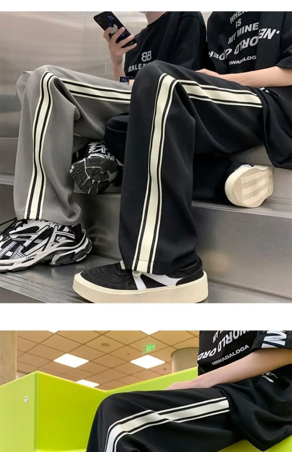 American street men and women trendy retro striped patchwork straight casual pants for spring and autumn loose wide leg pants