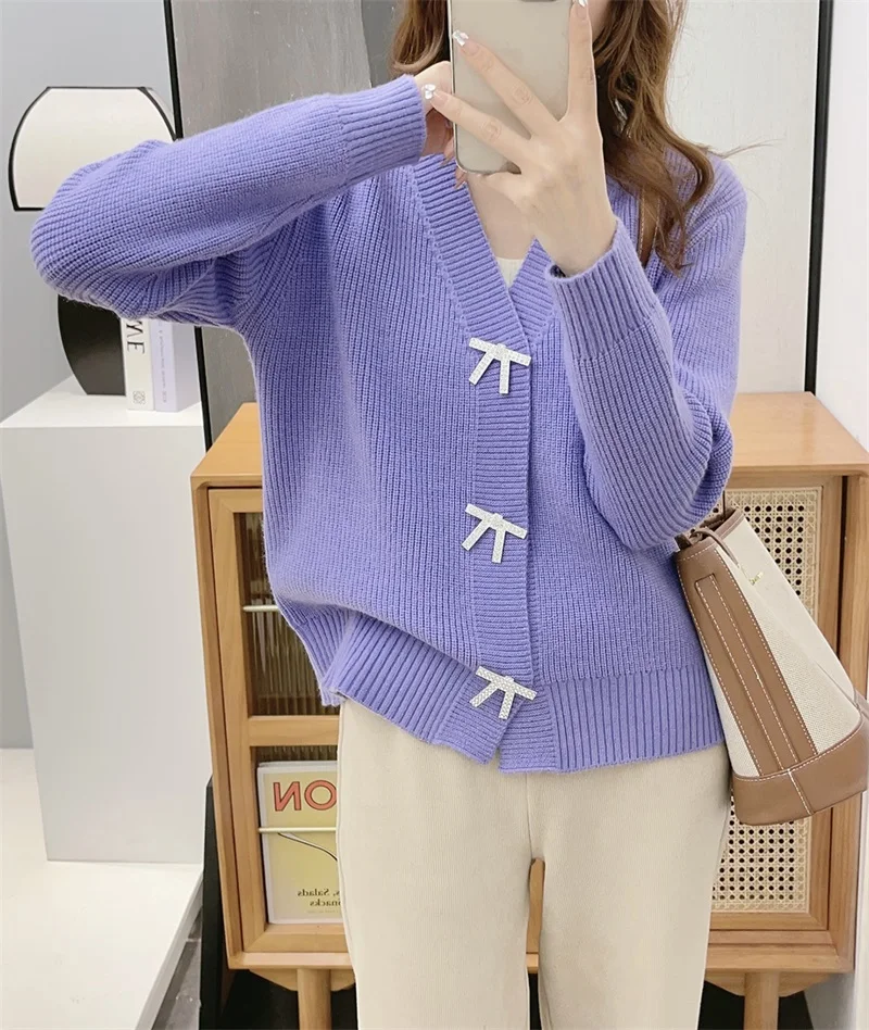 

Spring and autumn new solid color sweater women's cardigan bow V-neck long sleeve short top temperament sweater coat