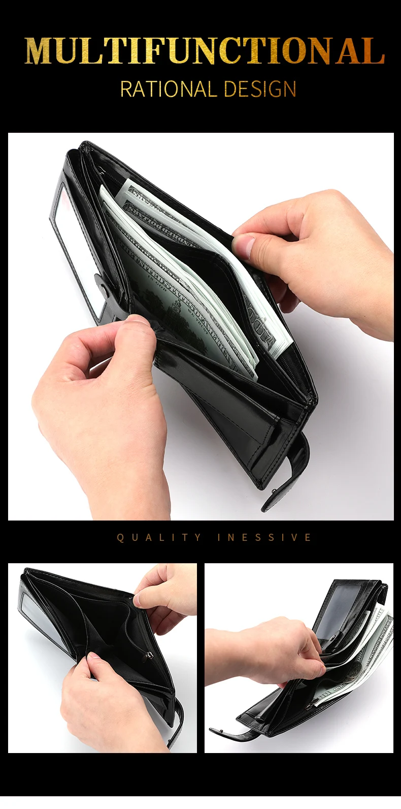 Mens Multi-Function Large Capacity Wallet - Zipper Coin  ID Holder