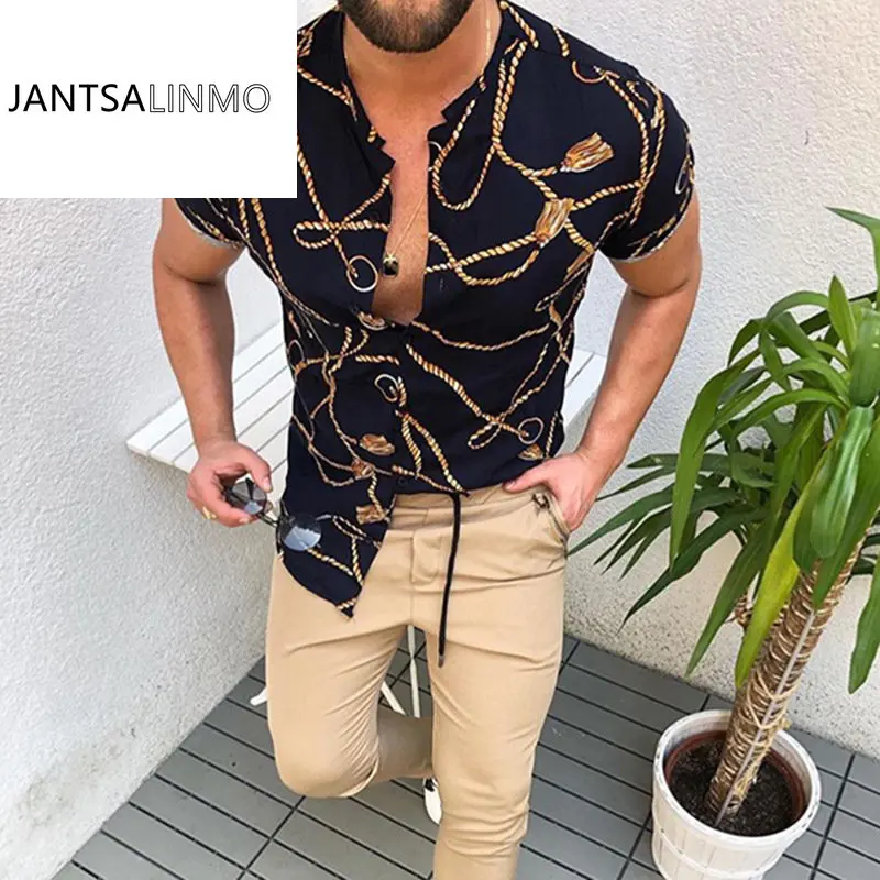 

2023 Summer New Light Luxury Fashion Men Retro Printed Top Short-sleeved Men Shirt Boutique Clothing Simple Style