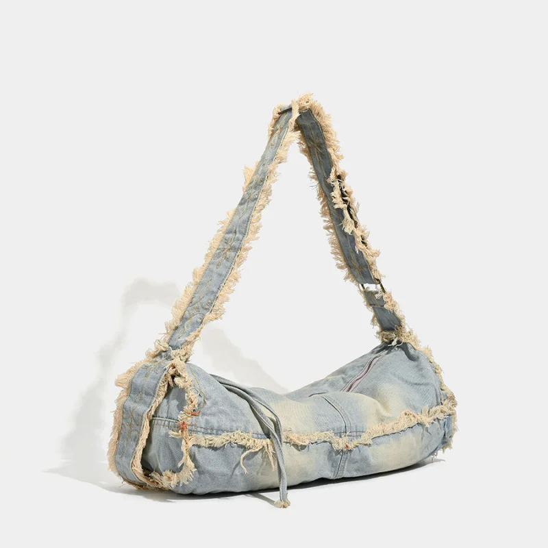 Large Capacity Washable Denim Bag with Tassels Unique Design High-end Y2k Spicy Girl Women's Crossbody Shoulder Pillow Bag