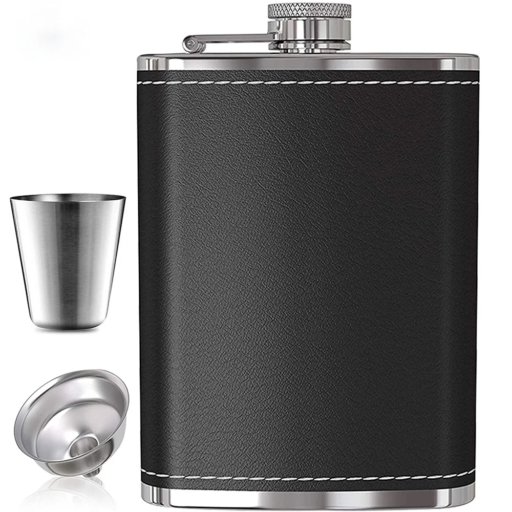 7oz 8oz Portable Stainless Steel Hip Flask Flagon Whiskey Wine Pot Leather Cover Bottle  Funnel Travel Tour Drinkware Wine Cup