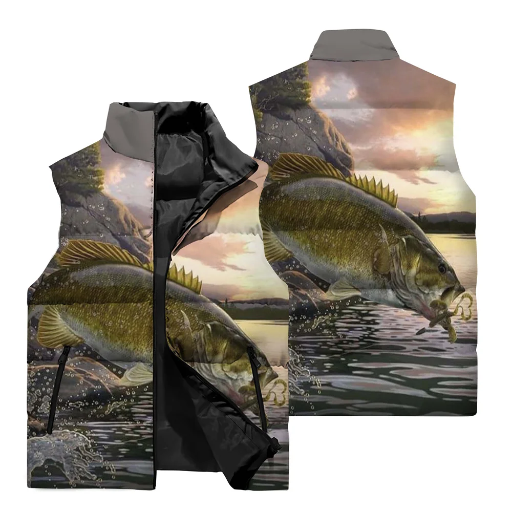 thumbnail image 1 of Chaqueta sin mangas de otoño e invierno para hombre con patrón de pesca, chaqueta con cremallera de cuello alto a prueba de viento y cálida, chaleco, 1 of 4