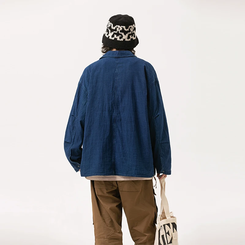 Men Denim Suit Jacket Japanese Streetwear Fashion Loose Casual Vintage Pure Cotton Blazers Coat Outerwear