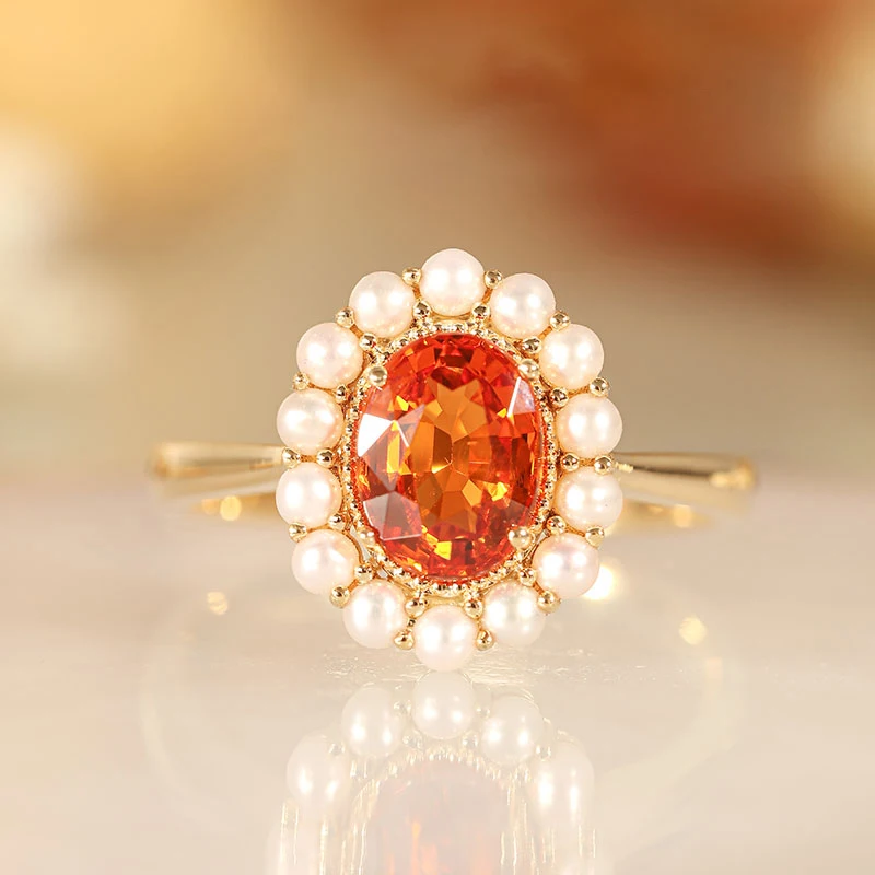 

Original new S925 silver orange ruby oval ladies ring open pearl light luxury sweet and fresh to attend the wedding jewelry