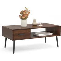 Coffee Table, Mid Century Modern Center Table for Living Room with Storage, Walnut Tea Table with Drawer, Open Storage Shelf 1
