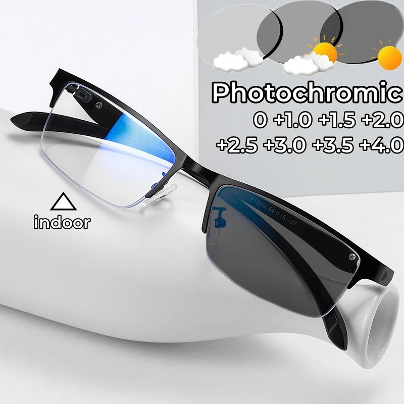 Anti-blau Licht Photochrome Weit Anblick Gläser Business Metall Halb Rahmen Lesebrille Männer High-definition Presbyopie Brille