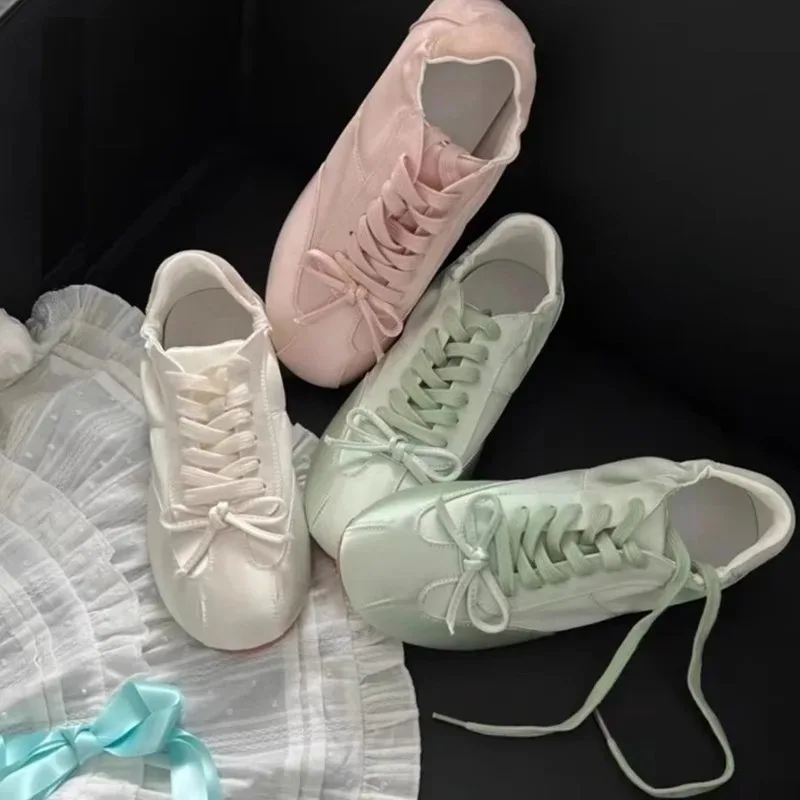 새로운 발레 댄스 보우 발레 플랫 슈즈 보우낫 플랫 바닥 댄스 슈즈 소프트 플랫 리틀 화이트 슈즈 스니커즈 캐주얼 슈즈