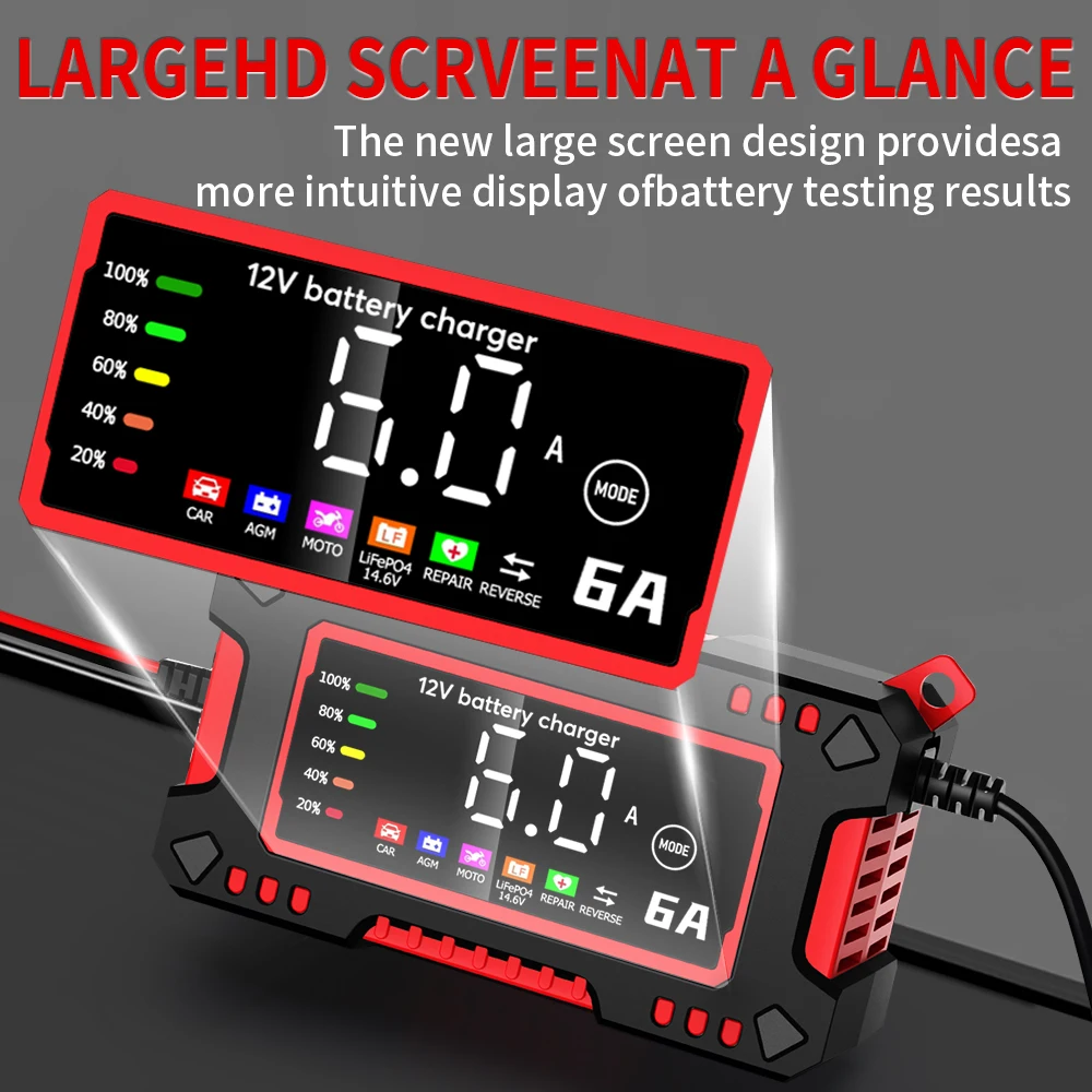 12V 6A Car Battery Charger 14.6V 6A Digital Display Electric Moto Charger For LiFePO4 Lead Acid AGM Smart Battery Repair EU Plug