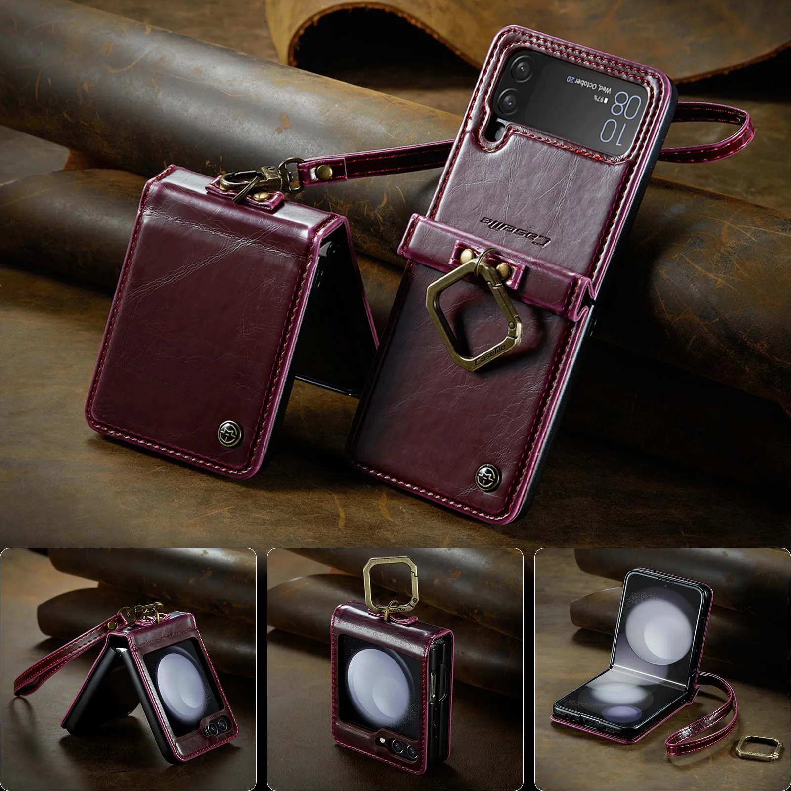 Business Clamshell Holster Ring Phone Case For Samsung Galaxy Z Flip5 Folding Screen All-inclusive Protective Cover With Lanyard