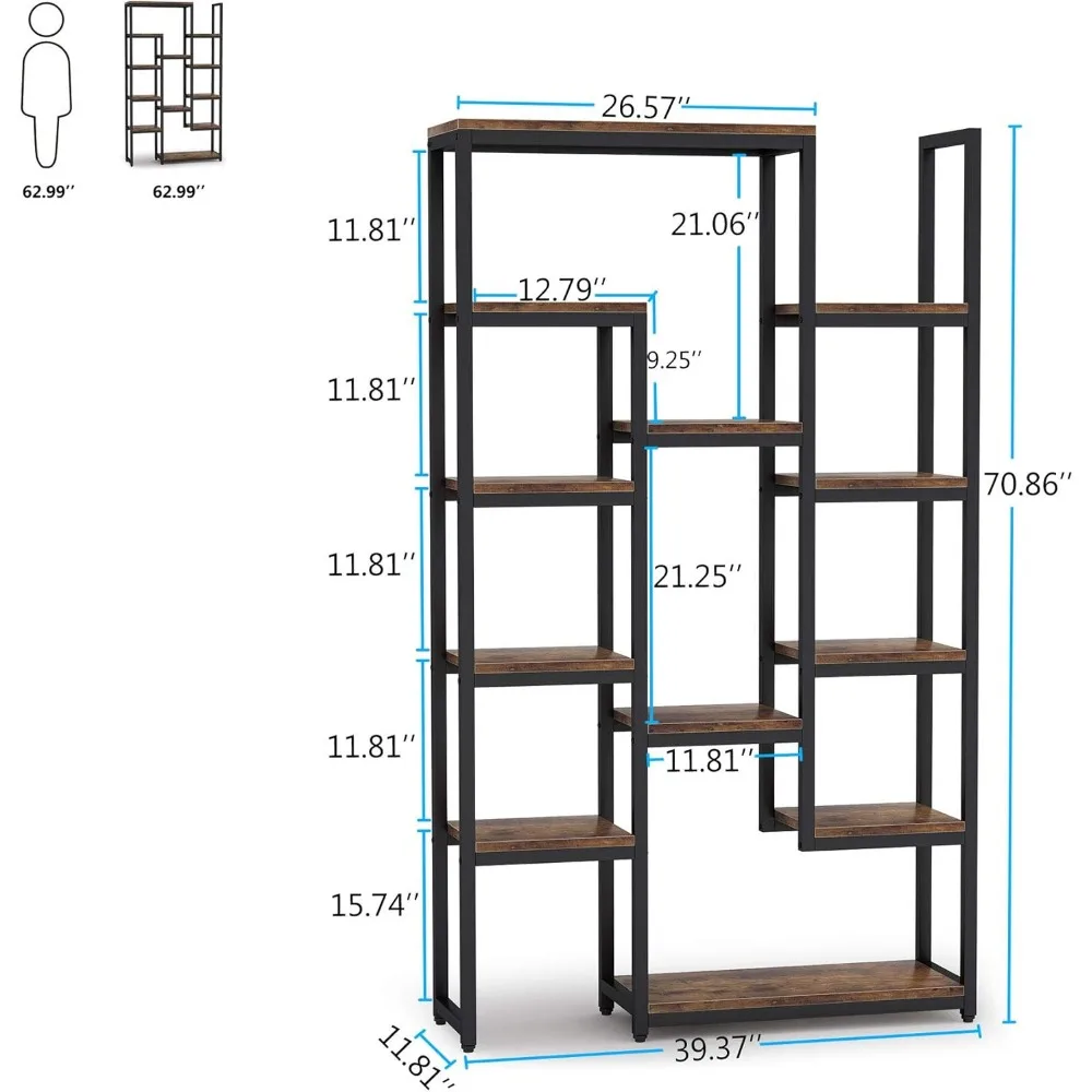 6-Tier Bookshelf 70.9 inch Tall Bookcase 2 Pack, Vintage Industrial 12-Shelf Display Shelves Book Storage Organizer 3
