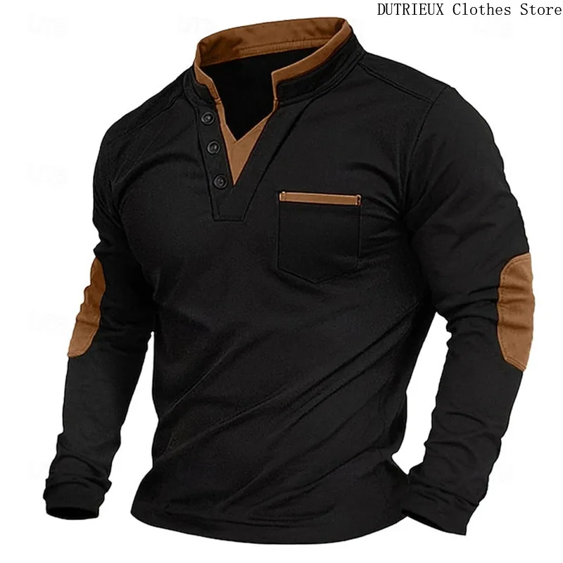 Autumn Retro Casual Men's V-neck Hoodie Long Sleeve T-shirt Business Leisure Sweatshirt